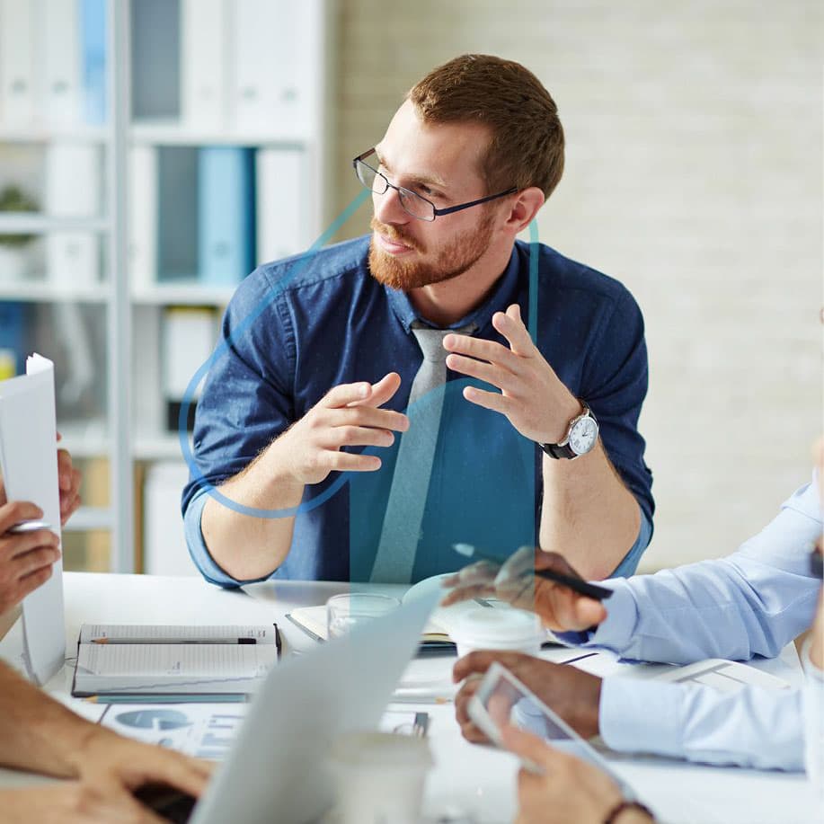 Team collaborating in a bright office